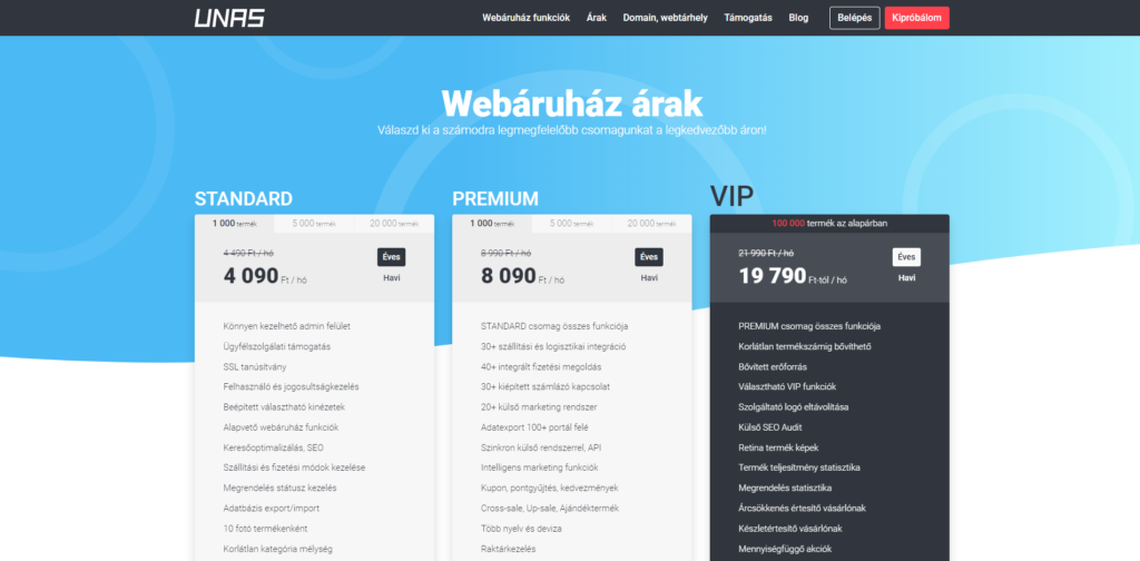 UNAS webshop árak